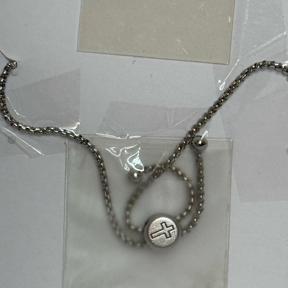 New Platinum and Yellow Gold Plated 18k FAITH Bolo Charm Slide Bracelet - Picture 4 of 4